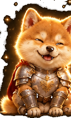 Sword Inu grinning with eyes closed, still in full armor