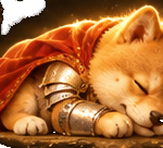 Sword Inu asleep under the red cape, helmet set aside